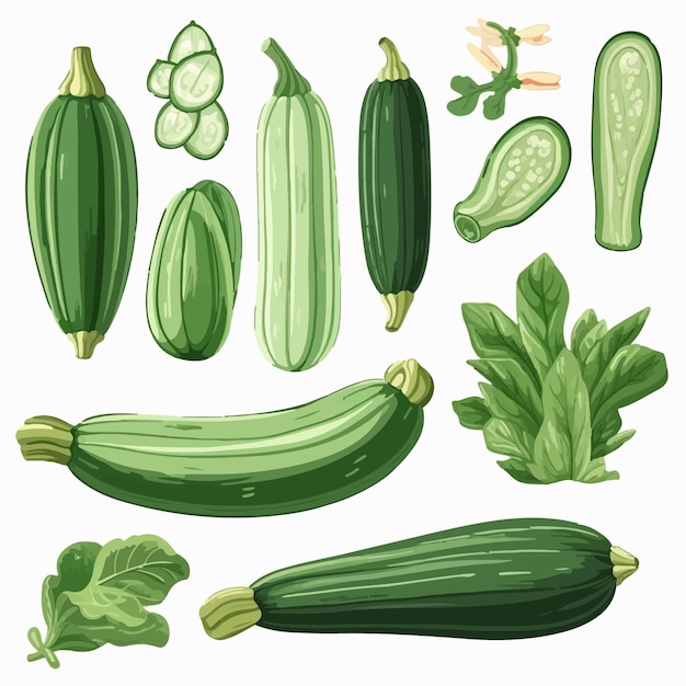 Vektor satz von zucchini-illustrationen mit verschiedenen texturen