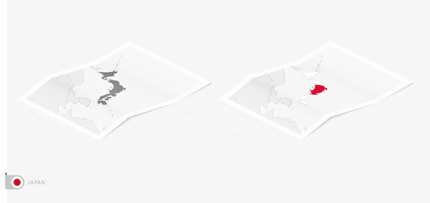 Vektor satz von zwei realistischen karten von japan mit schatten die flagge und die karte von japan im isometrischen stil