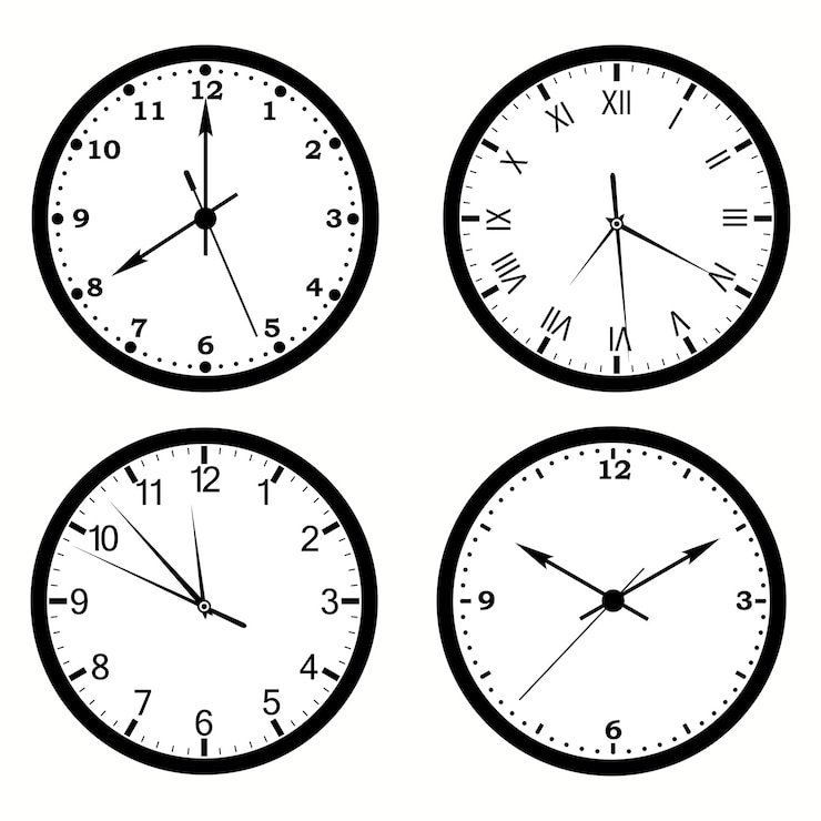 Vektor satz wanduhren mit schwarzem rahmen und zeigern vektorgrafik im flachen stil einfache klassische wanduhr mit arabischen zahlen mit römischer ziffer isoliert auf weißem hintergrund