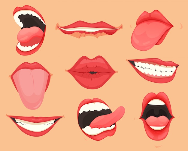 Satz weibliche lippen mit verschiedenen mundgefühlen und -ausdrücken. illustration.