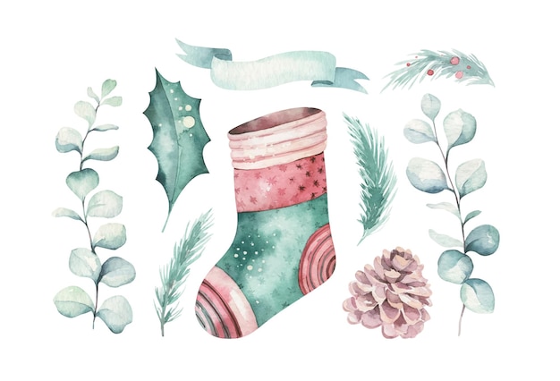 Satz weihnachtlicher Elemente, die in Aquarell gezeichnet sind. Enthält Mistel-Sock-Tannen-Zweigkegel