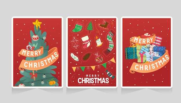 Satz Weihnachtskarten mit Hand gezeichneten Baumgeschenken und Weihnachtszeugillustration