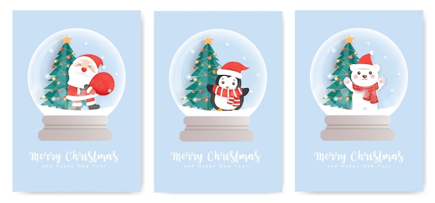 Satz weihnachtskarten und neujahrsgrußkarten mit einem niedlichen weihnachtsmann, pinguin und schneemann in einer schneekugel.