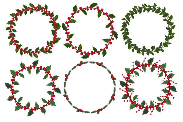 Satz weihnachtskranz mit winterblumenelementen. vektor-illustration.