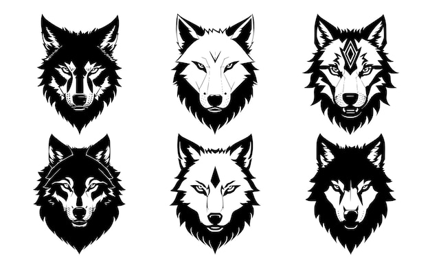Satz Wolfsköpfe mit geschlossenem Mund mit verschiedenen wütenden Ausdrücken der Schnauze Symbole für Tattoo-Emblem oder Logo einzeln auf weißem Hintergrund