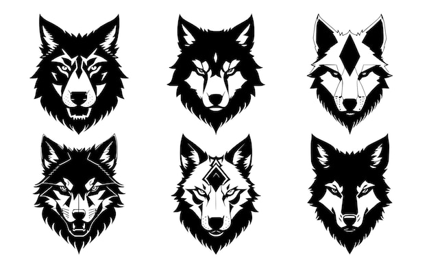 Satz Wolfsköpfe mit geschlossenem Mund mit verschiedenen wütenden Ausdrücken der Schnauze Symbole für Tattoo-Emblem oder Logo einzeln auf weißem Hintergrund
