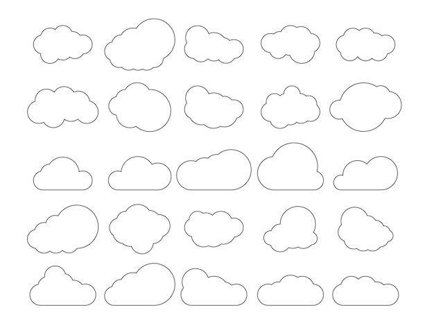 Satz wolken. umreißen sie wolken, die auf weißem hintergrund lokalisiert werden. vektor-illustration.