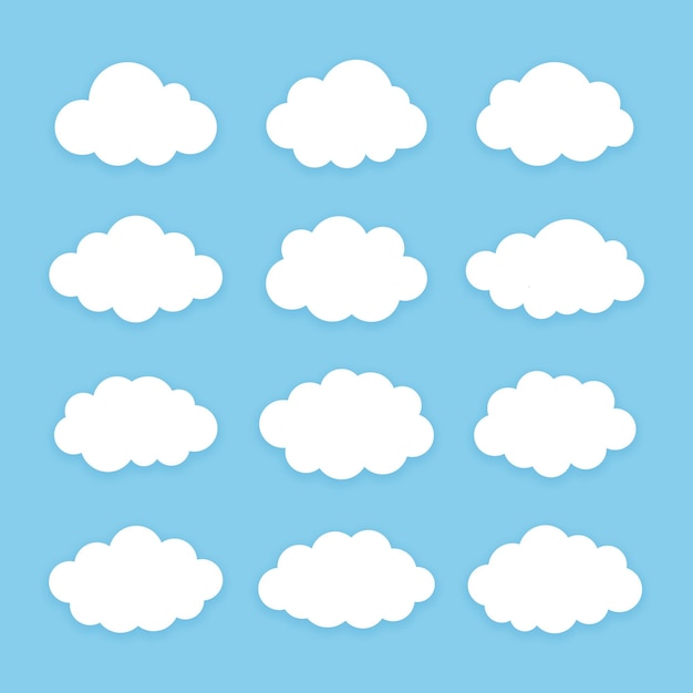 Satz wolkenikonenillustration am hintergrund des blauen himmels