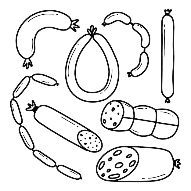 Satz Würstchen im Doodle-Stil Vektorgrafiken Würstchen aus Schweinefleisch