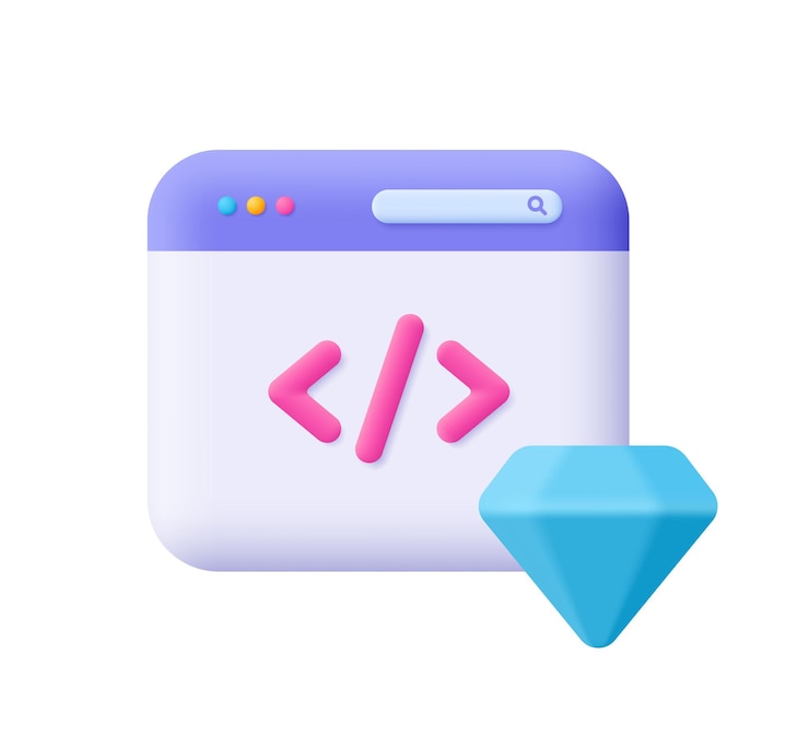 Vektor sauber code webseite mit code und diamant 3d-vektor-ikonen cartoon-minimal-stil