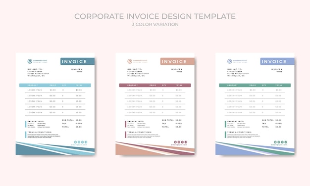 Saubere geschäftsrechnungsformularvorlage mit 3 farbthemen-vektorvorlage