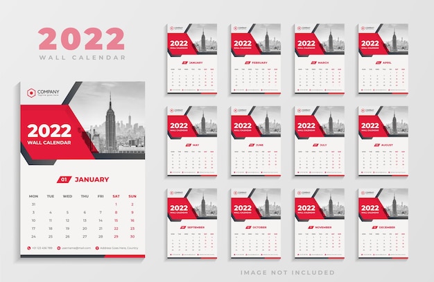 Vektor saubere rote farbe 2022 wandkalender design-vorlage