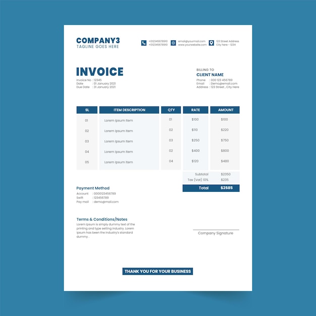 Saubere und moderne Corporate Business Billing Invoice Design Template