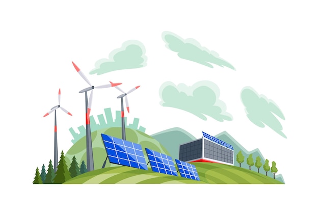 Sauberes elektrisches Energiekonzept. Erneuerbare Stromquelle aus Sonnenkollektoren und Windkraftanlagen. Ökologischer Wandel der Zukunft. Skyline der Stadt und Naturlandschaft im Hintergrund.
