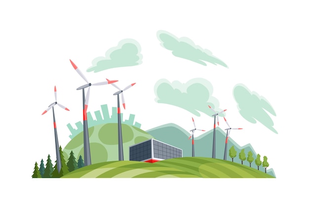 Sauberes elektrisches Energiekonzept. Erneuerbare Stromquelle aus Windkraftanlagen. Ökologischer Wandel der Zukunft. Skyline der Stadt und Naturlandschaft im Hintergrund