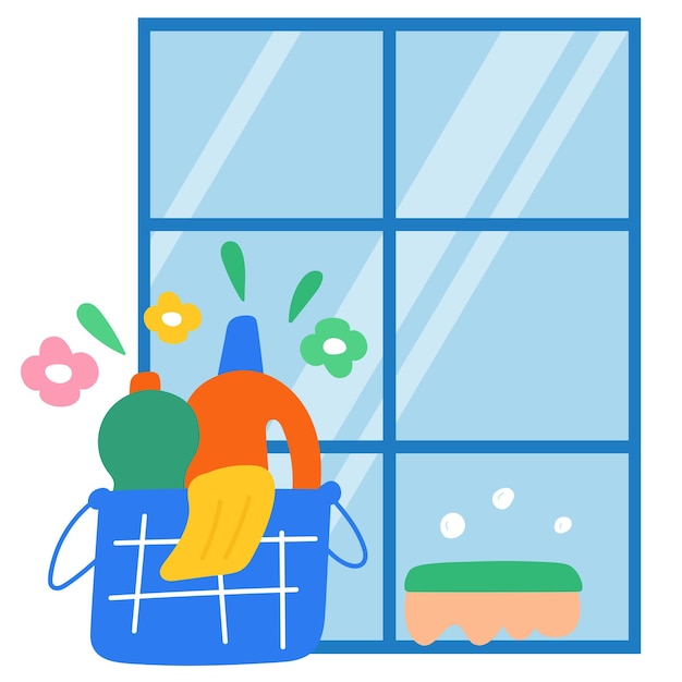 Sauberes Fenster mit Reinigungswerkzeugen Flaches Design Vektorillustration auf weißem Hintergrund
