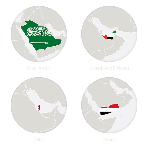 Saudi-arabien, vereinigte arabische emirate, katar, jemen kartenkontur und nationalflagge in einem kreis. vektor-illustration.