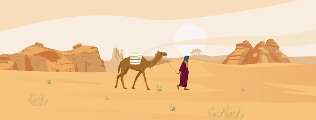 Saudi-Arabien Wüstenlandschaft mit Beduinen mit Kamel und Sandfelsen