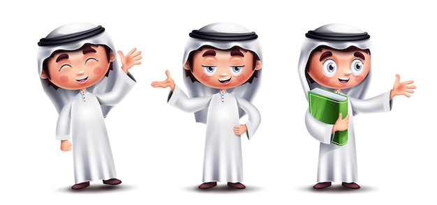 Saudi-arabische kinderfiguren vektor-set-design. stehende sammlung arabischer kindercharaktere mit glücklichem.