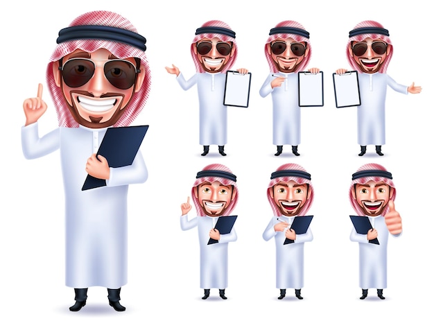 Saudi-arabischer mann charakter vektor set design. arabische geschäftsmannsammlung, die weiße tafel hält.