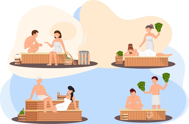 Vektor sauna und dampfbad gruppe von menschen in der sauna menschen entspannen und dampfen mit birkenbesen im traditionellen russischen ofen für damen und herren finnisches badehaus öffentliche sauna freunde im kurort