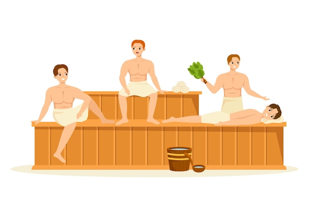 Sauna und dampfbad mit menschen entspannen oder genießen die zeit in flacher illustration