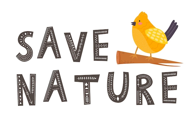 Save nature-slogan mit niedlichem vogel aus papierillustration