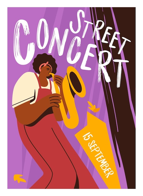 Saxophonist spielt saxophon auf einem straßenkonzert werbeflieger eines jazzfestivals werbeplakat einer musikveranstaltung musiker, der in ein blasinstrument bläst trompete auf einem plakat flachvektor-illustration