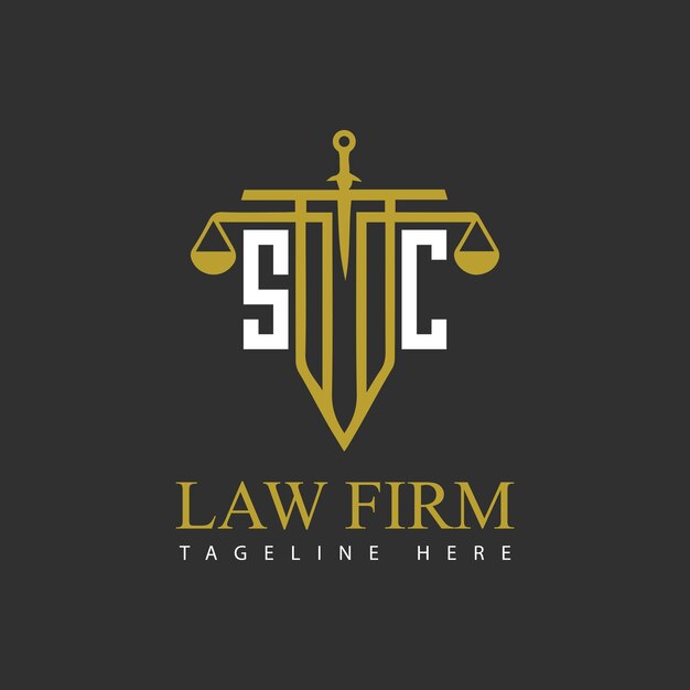 Sc-initialmonogram für das logo der anwaltskanzlei mit schwert und waage