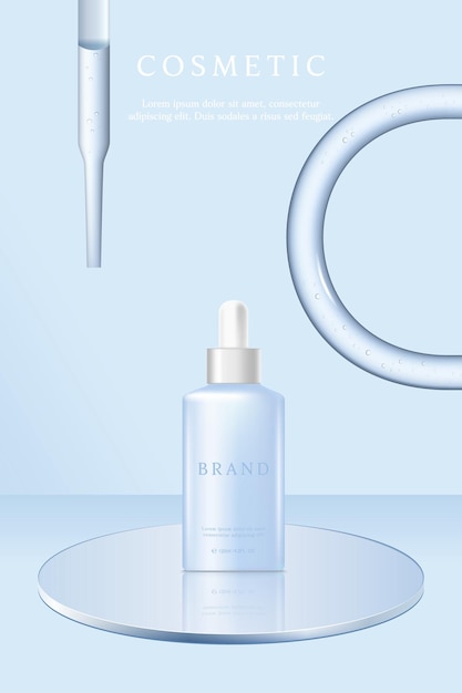 Schablone für die Werbung für kosmetische Produkte auf blauem Laborgrund mit Serum in einer Glasröhre