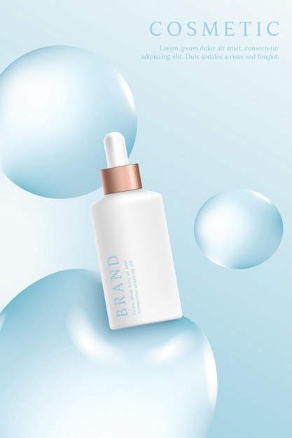 Schablone für die Werbung über kosmetische Produkte auf blauem Hintergrund mit Wassertropfen