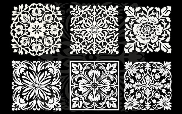 Vektor schablonen aus weiß und schwarz mit blumenform, komplizierte ausschnitte, panelkomposition, meisterschaft