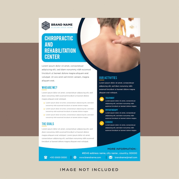 Schablonendesign für Flyer des Chiropraktik- und Rehabilitationszentrums mit vertikalem Layout. Kreisraum für Foto