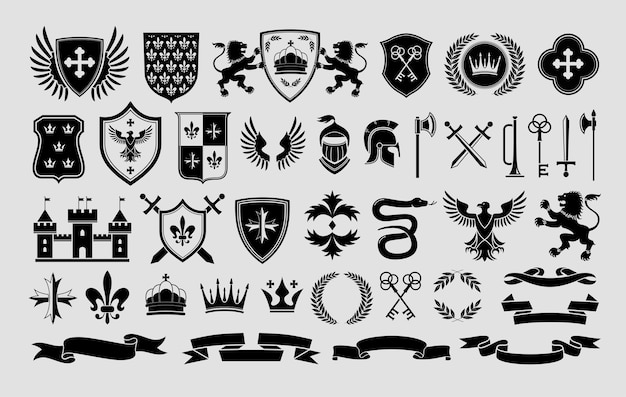 Vektor schablonenvorlagen für heraldische embleme traditionelle schlangenlöwen- und adlersymbole mittelalterliche waffenschilde und königliche burgetiketten, vektorsatz gebogene bänder sammlung von königs- und königinkronen