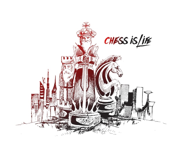 Schach ist Leben mit urbaner Hand gezeichneter Skizzenvektorillustration