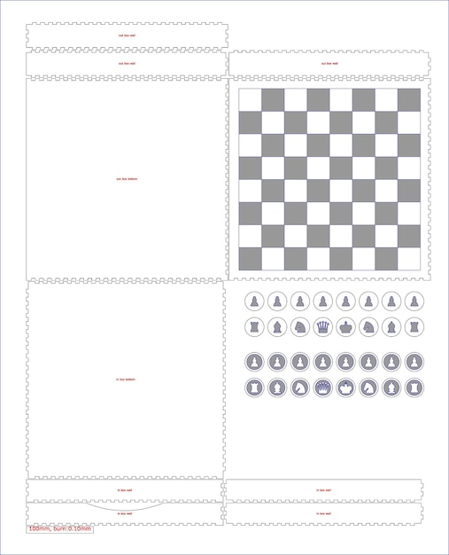 Vektor schachspiel mit verschiebbarer schubladenbox, cnc-laserschnitt, materialstärke 3 mm, kein kleber