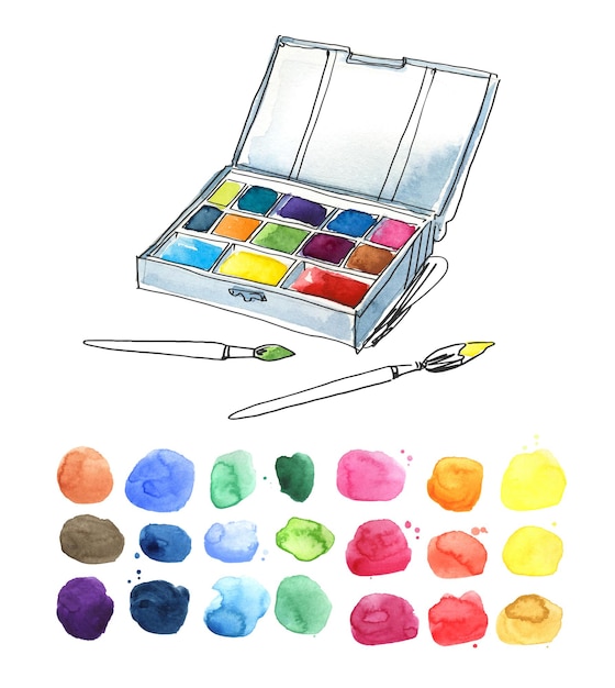 Schachtel mit aquarellfarben und pinseln und farbpalettenillustration