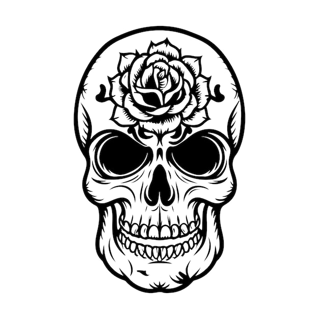 Schädel mit rosenblume schwarz kontur vektor menschlicher schädel mit rosenskizze zeichnung tattoo vektor