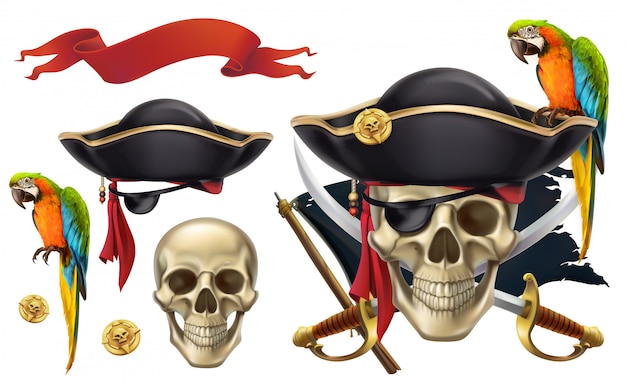 Schädel und papagei. piratenembleme, piratenzeichen, vektor-clipart-set