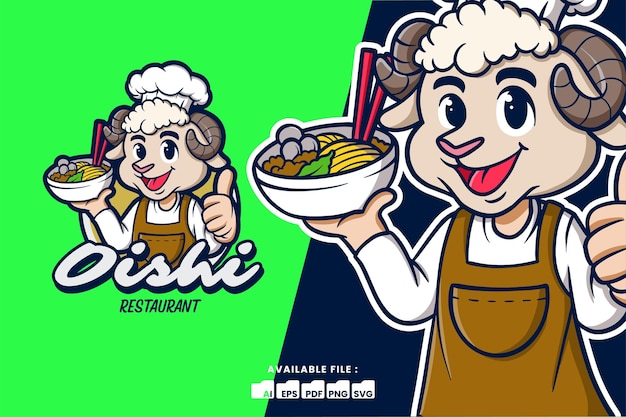 Schaf-Chef-Maskottchen-Cartoon-Logo mit Ramen