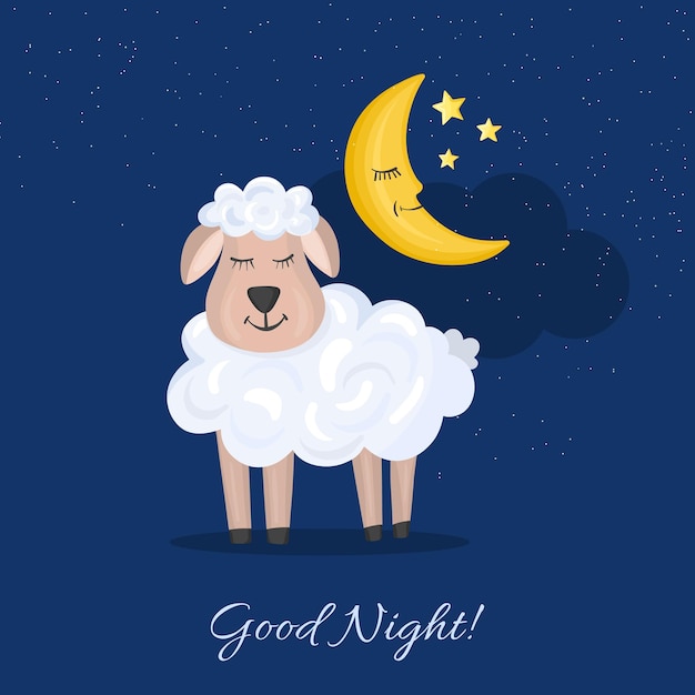 Schafe und mond im cartoon-stil mit schriftzug good night