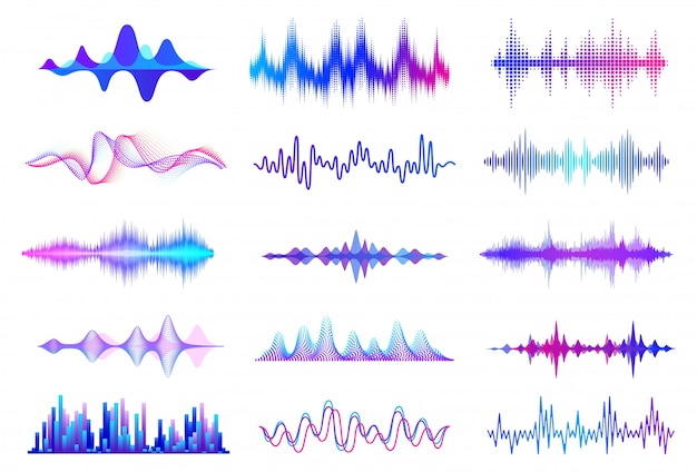 Vektor schallwellen. frequenz-audio-wellenform, musikwellen-hud-schnittstellenelemente, voice-graph-signal. audio wave set