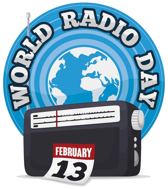 Vektor schaltfläche mit einem analogen radioblocker und einem kalender für den weltradio-tag am 13. februar.