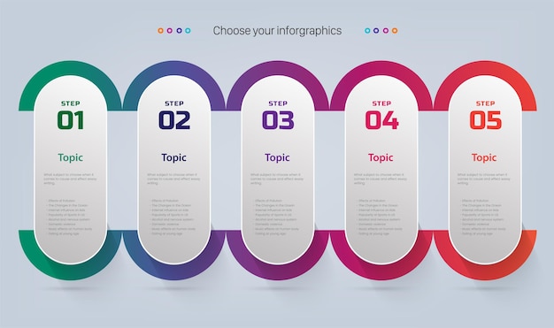 Schaltfläche mit fünf kreisförmigen Infografik-Etiketten mit Schritten Optionen