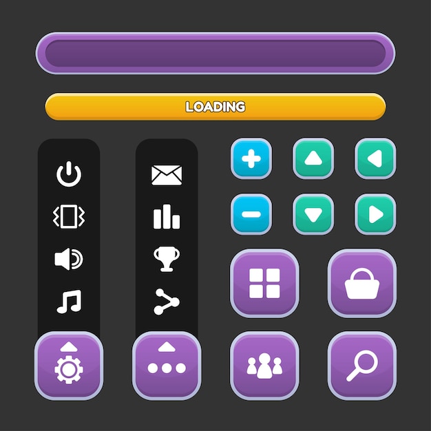 Schaltflächenset gestaltete gui-illustration der spielbenutzeroberfläche für videospielcomputer
