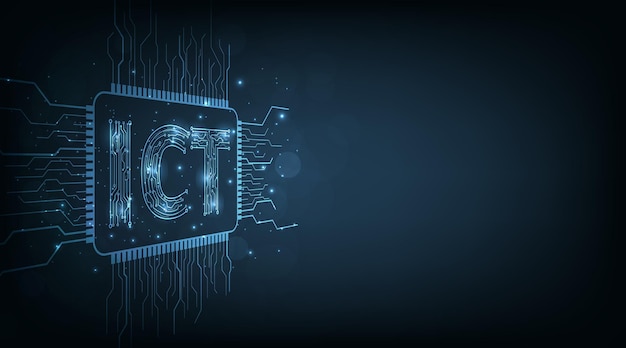 Schaltplan läuft durch die ict-buchstaben auf dunkelblauem hintergrund