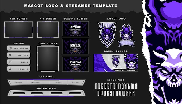 Vektor schamanen-maskottchen-logo und twitch-overlay-vorlage