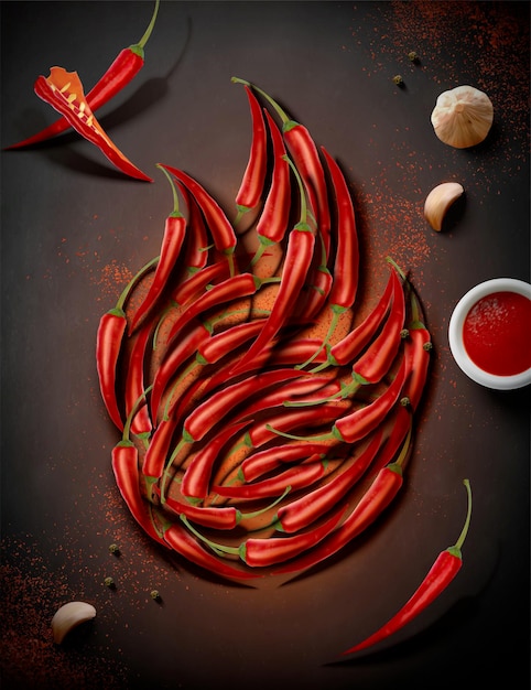 Scharfe Chilischote in Feuerform auf Tafel, 3d