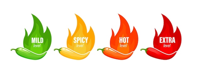 Scharfe level-etiketten mit chili-pfeffer und flamme