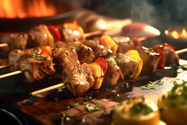 Vektor schaschlik auf dem grill, gegrilltes fleisch mit gemüse, schaschlikspieß auf spießen, hölzernes küchenbrett